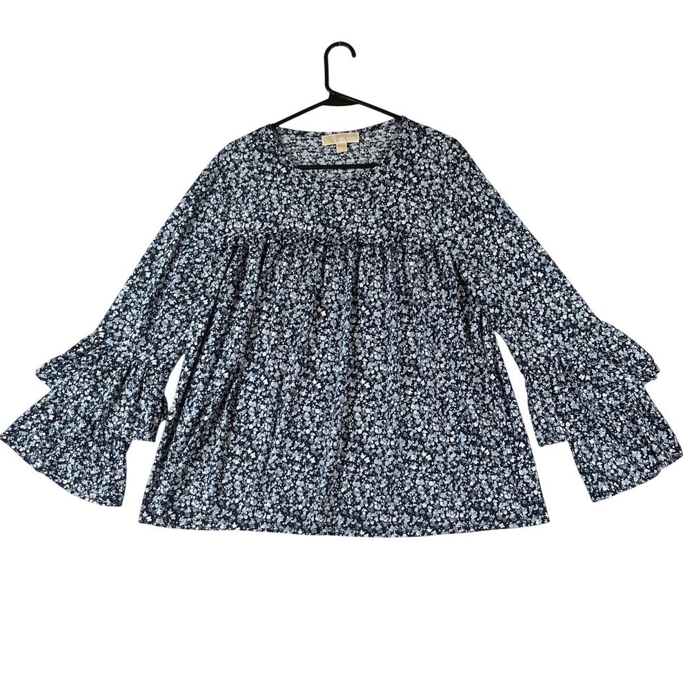 Michael Kors Top Women XL Navy Floral Ruffle Bell Sleeve Blouse Airy Lightweight